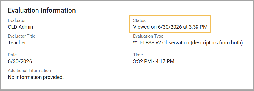 Evaluation information showing Viewed status, evaluator details, and observation time.